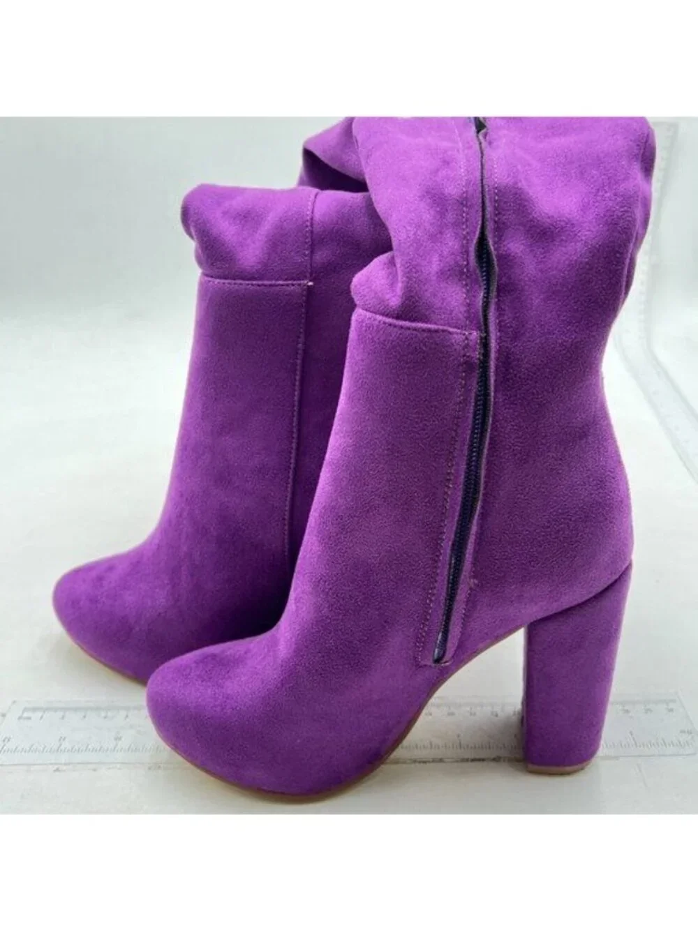 Women Thick High Heel Knee High Long Boots Closed Toe Pull On Faux Sued Purple